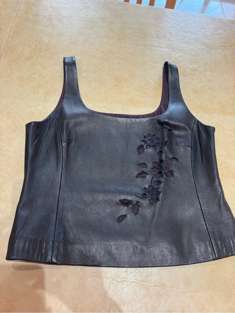 Emanuel Ungaro Black Leather Tank with Plum/BURGUNDY Floral cut out Appliqué,10